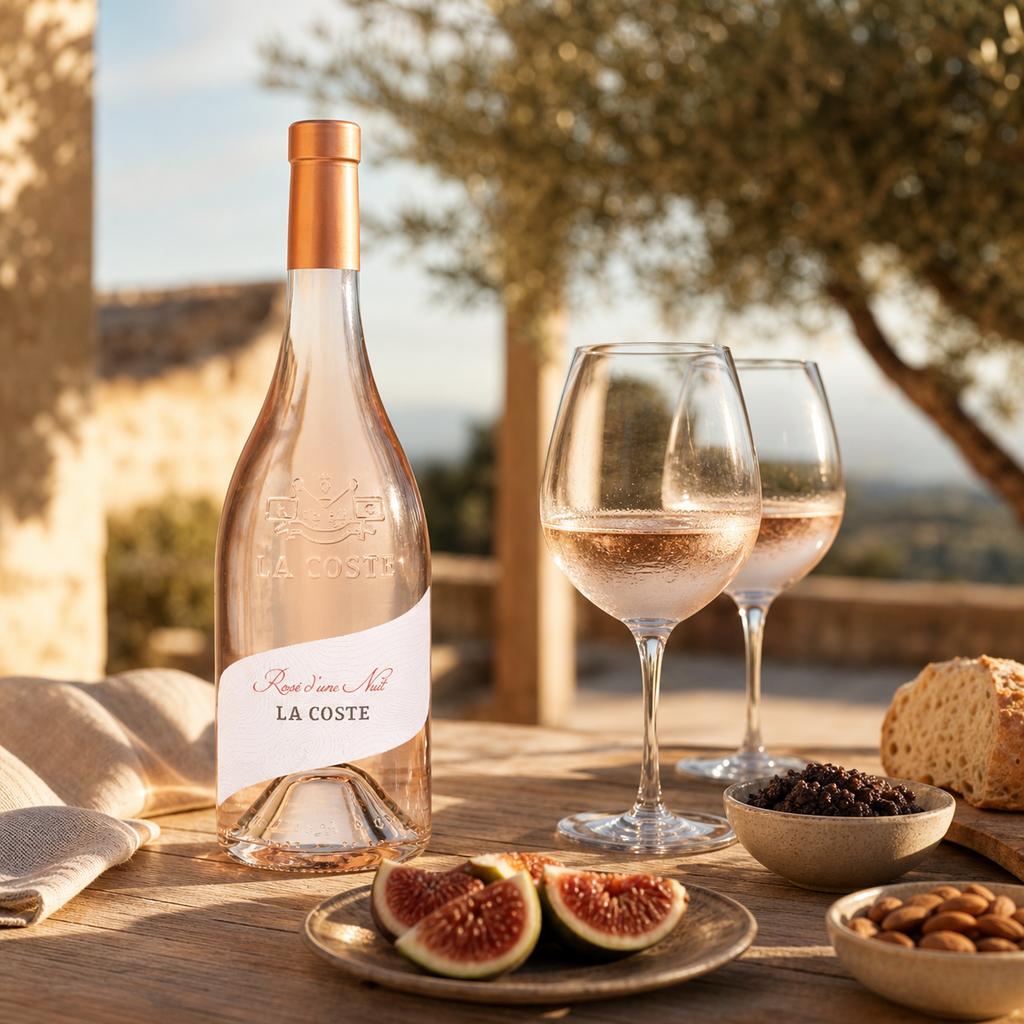 Bouteille Rosé d'une nuit Château La Coste Bio servie en apéritif sur terrasse provençale au coucher du soleil